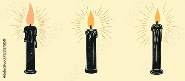 Obraz Illustration of Three Burning Candles with Wax Drips and Rays of Light