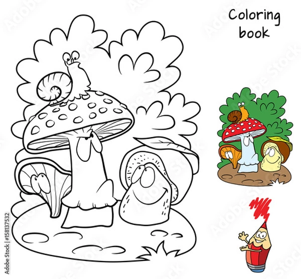 Obraz Mushrooms and snail. Coloring book. Cartoon vector illustration