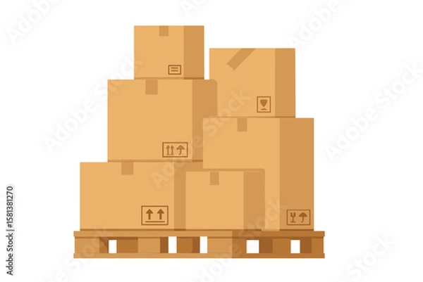 Fototapeta Stack of cardboard boxes on wooden pallet, warehouse storage, front view, vector illustration, folded boxes, packaging, shipping, logistics, delivery, inventory, distribution
