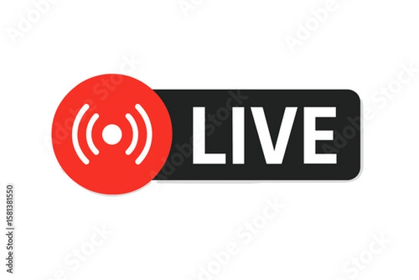 Fototapeta Live streaming button icon red broadcast symbol, vector illustration on transparent background, digital media, online streaming, live video, social media, technology interface