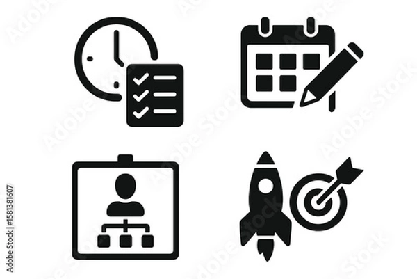Fototapeta Project management solid glyph icons set. Business organization concept. Time management. Planning schedule calendar. Hierarchy structure. Startup launch goal target marketing.