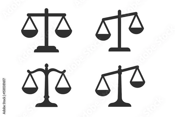Fototapeta Scales of justice vector icon set for law and legal concepts. Four different flat silhouettes of balance scales showing equilibrium and imbalance. Symbol of fairness and court.