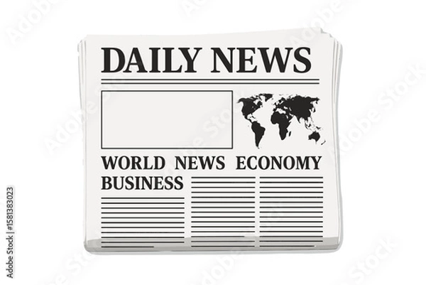 Fototapeta Daily newspaper mockup with world map and business headlines. Front page vector template for world news and economy. Blank space for custom text. Journalism publication concept.