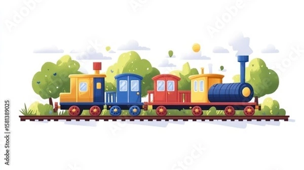 Fototapeta Colorful toy train set against a backdrop of lush greenery and a bright sky.