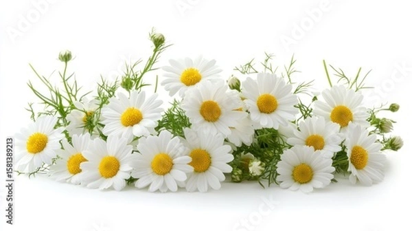 Fototapeta A close-up arrangement of delicate white daisies with yellow centers, set against a plain white background.