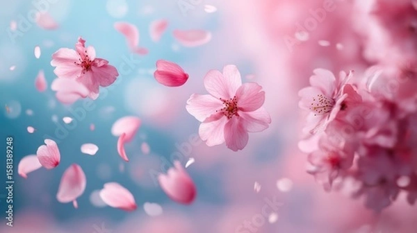 Fototapeta Cherry Blossoms with Falling Petals in Gentle Motion Against Misty Background 