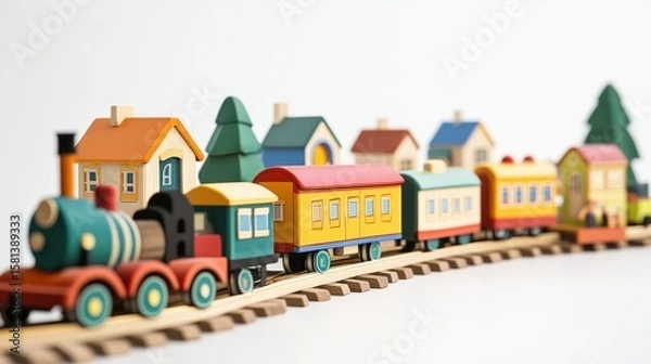 Fototapeta Colorful wooden toy train set with miniature houses and trees, arranged on a track against a white background.