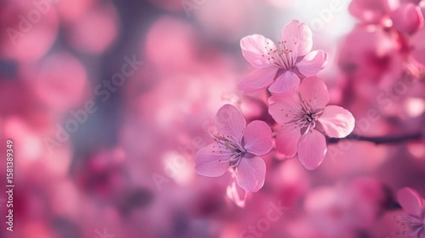 Fototapeta Close-up of delicate pink blossoms on a tree branch, bathed in soft, diffused light creating a dreamy, ethereal atmosphere.