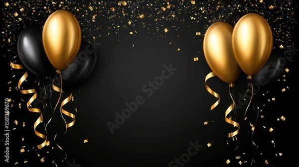 Fototapeta Elegant black background with gold and black balloons, ribbons, and confetti, creating a festive atmosphere.