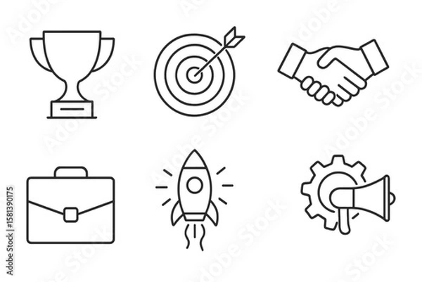 Obraz Business success and startup thin line icon set. Vector pictograms of trophy award, target goal, deal handshake, corporate briefcase, innovation rocket, and marketing megaphone.