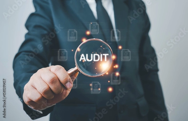Fototapeta Audit business concept. Businessmen Using Magnifying Glass to check and evaluate financial statements. Auditing financial accounts within the organization. Audit And Fraud Investigation.