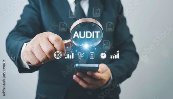 Fototapeta Audit business concept. Businessmen Using Magnifying Glass to check and evaluate financial statements. Auditing financial accounts within the organization. Audit And Fraud Investigation.