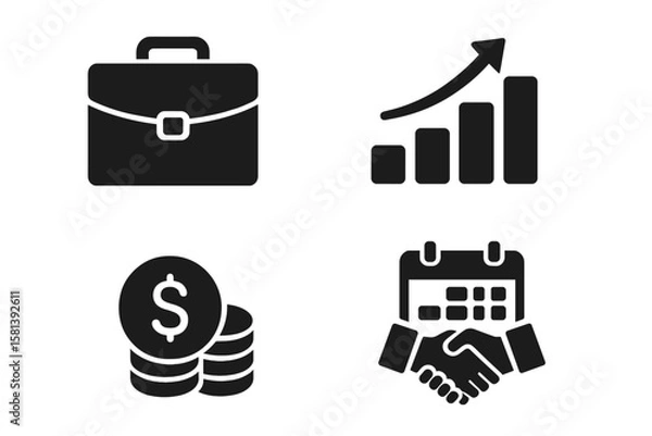 Obraz Business and finance icon set of 4 vector glyph pictograms, briefcase, growth chart, money coins, banking, accounting, handshake, calendar, corporate marketing, investment
