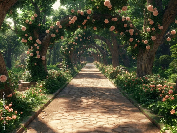 Fototapeta Cobblestone Path Beneath Rose-Covered Archway