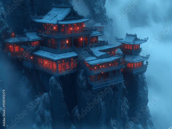 Fototapeta Mountain-Embedded Asian Dojo Overlooking a Deep Ravine