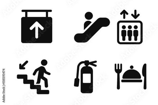 Fototapeta Public space wayfinding glyph icon set. Vector pictograms for building navigation, info, and emergency. Escalator, elevator, stairs, fire extinguisher, food court signs.