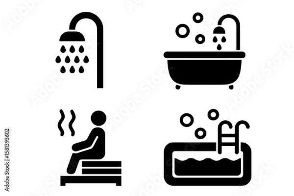 Fototapeta Spa and bath glyph icon set. Vector pictograms of shower, bathtub, sauna, jacuzzi. Wellness, hygiene and relaxation concept. Black silhouette swimming pool symbols.