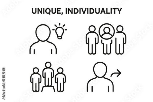 Fototapeta Unique individuality line icon set. Vector pictograms of personal identity, creativity, and distinctiveness. Concepts for self-expression, leadership, and adaptation.