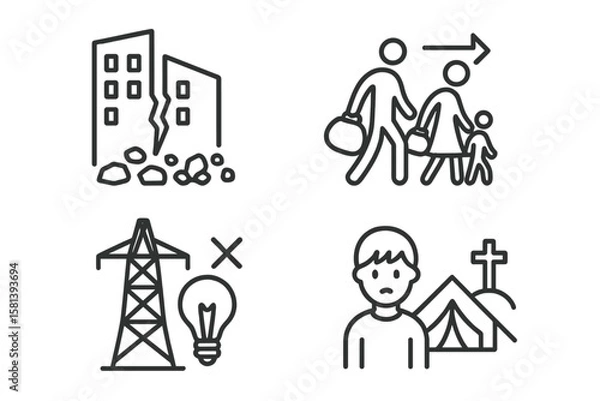 Fototapeta War consequences line icon set. Vector pictograms of destruction, building ruins, displacement, mass migration, family refugee, power outage, energy crisis, orphan.