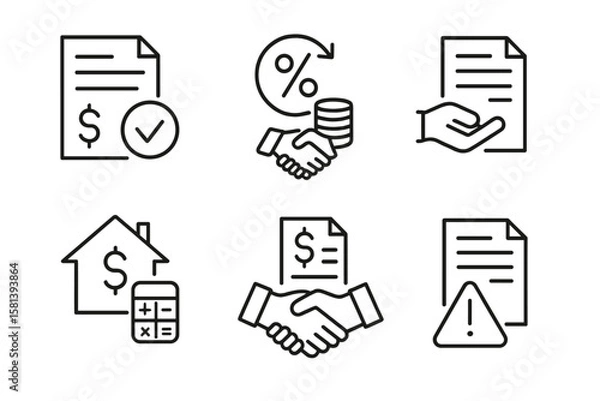 Fototapeta Financial services and loan agreement line icon set. Vector symbols for mortgage, interest rate, repayment, approval, rejection, penalty, and business contract concepts.