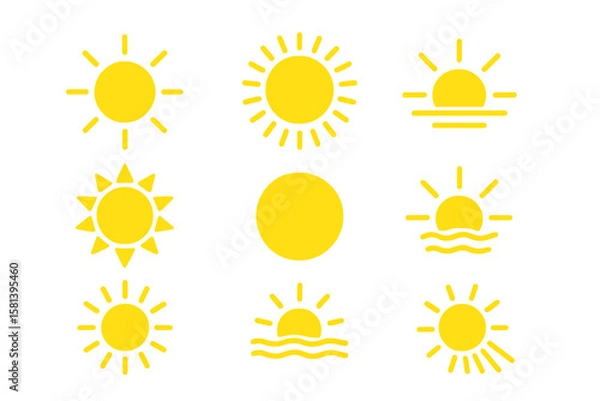 Obraz Sun icon set, solar isolated icons, summer signs, sunlight symbols, sunshine and sunset collection, transparent PNG and vector illustrations, bright sunny designs