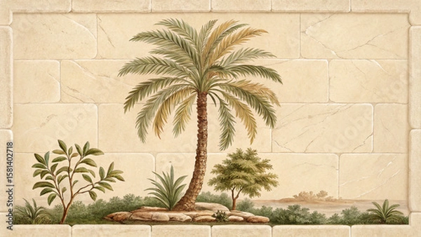 Fototapeta Detailed illustration of a palm tree and tropical plants on a stone wall background landscape