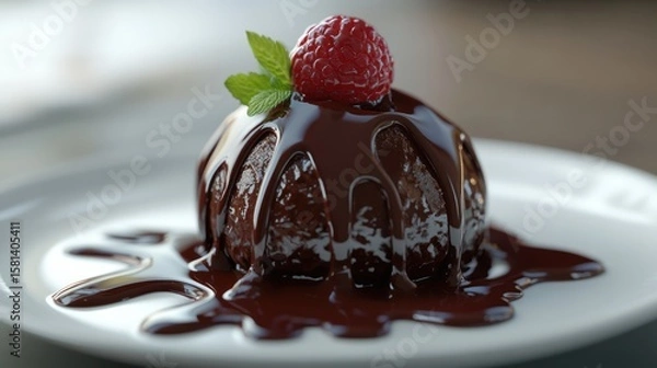 Fototapeta Decadent Chocolate Lava Cake A Rich Dessert Indulgence with Raspberry