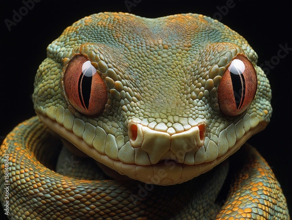 Fototapeta Close-Up of Serpent Head on Black Background Representing Envy