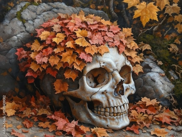 Fototapeta Autumn Skull Resting on Stone with Red and Orange Leaves