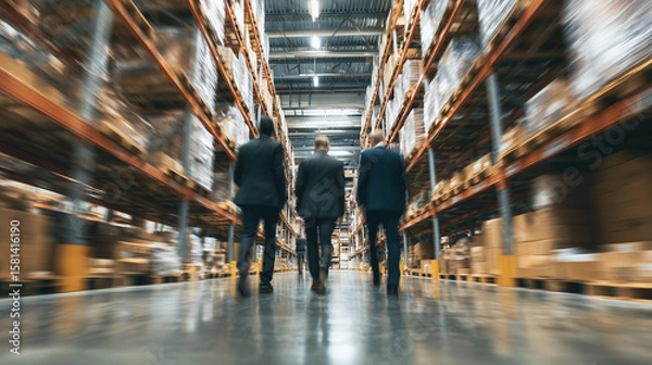Fototapeta Business owner and colleagues are confidently walking through warehouse aisle. This low angle shot shows their dynamic movement and determination