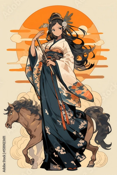 Obraz 馬に乗る着物を着た女性のイラスト