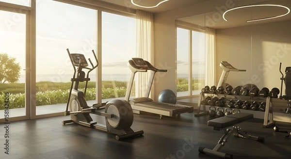 Fototapeta Sunlit luxury home gym with ocean view, featuring elliptical, treadmill, weights, and exercise equipment.
