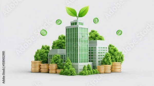 Fototapeta Investment Concept for Sustainable Economic Growth. A green city concept with buildings surrounded by trees, growing coins, and a sprout on top symbolizing eco-friendly investment.