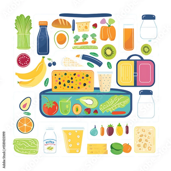 Obraz Colorful Healthy Food Items Arranged on Refrigerator Shelves in Modern Kitchen