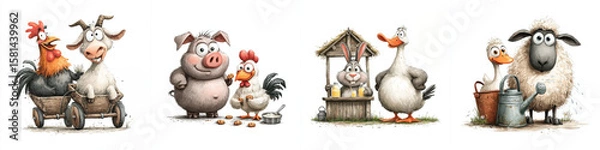 Obraz Set of fun watercolor barnyard animals isolated on white background  
