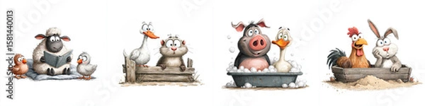 Obraz Fun watercolor barnyard animals playing and relaxing in various settings  