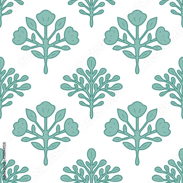 Fototapeta Stylish Floral Seamless Pattern with Green Leaf Motifs on White Background, Ideal for Fabric, Wallpaper, and Home Decor Designs 