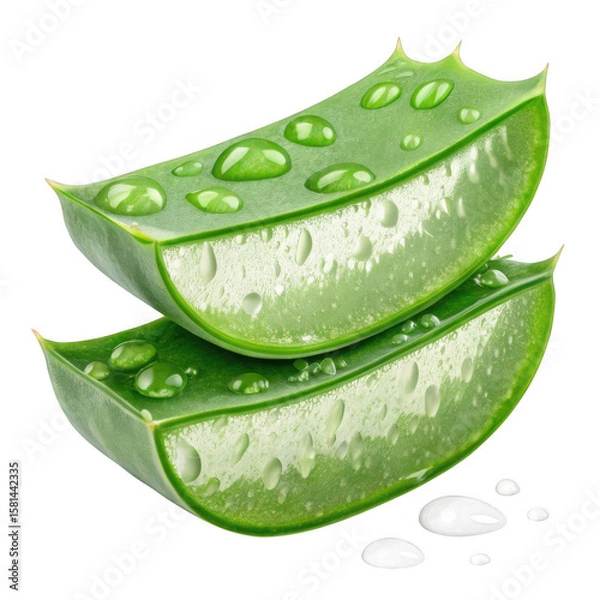 Fototapeta Aloe vera slices with water drops isolated on transparent background