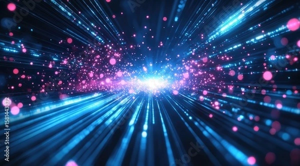Fototapeta Abstract, vibrant, energetic digital tunnel with radiating light streaks and particles