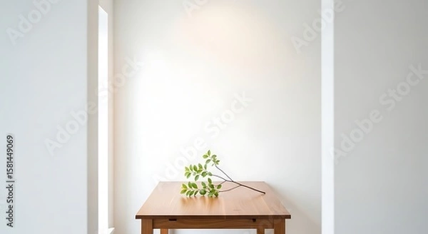 Obraz Minimalist Composition with Wooden Table and Delicate Green Branch Against a Plain White Wall for Tranquil Home Decor Inspiration
