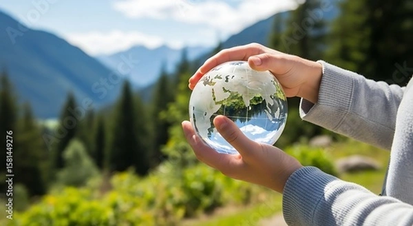 Obraz Protecting the Planet Crystal Globe in Hands with Scenic Forest Background 