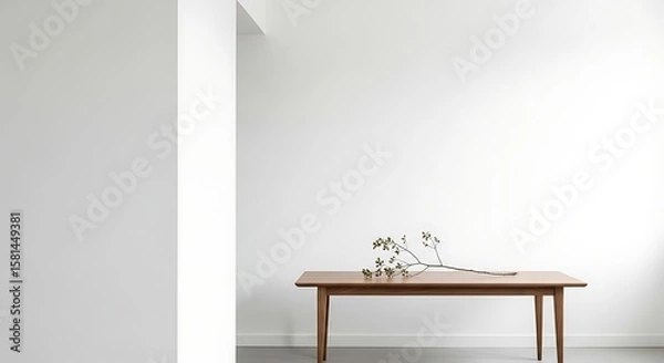 Obraz Minimalist Interior Design A simple wooden table with delicate branches adds warmth to the clean, bright white space.