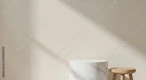 Obraz Minimalist Scene with Marble Pedestal and Wooden Stool against a Cream-Colored Wall