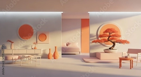 Obraz Serene Interior with Bonsai and Minimalist Decor, A Peaceful Harmony of Modern Design and Natural Elements