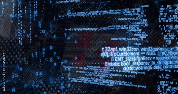Obraz Displaying floating code overlay in cybersecurity dashboard, with glowing wireframe mesh and nodes