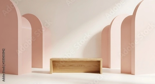 Obraz Elegant Geometric Display Minimalist Wood Platform with Arched Backdrops for Product Showcase