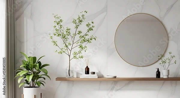 Obraz Minimalist Bathroom Serenity Plants, Mirror, and Elegant Marble Wall Decor to Create a Relaxing Home Spa