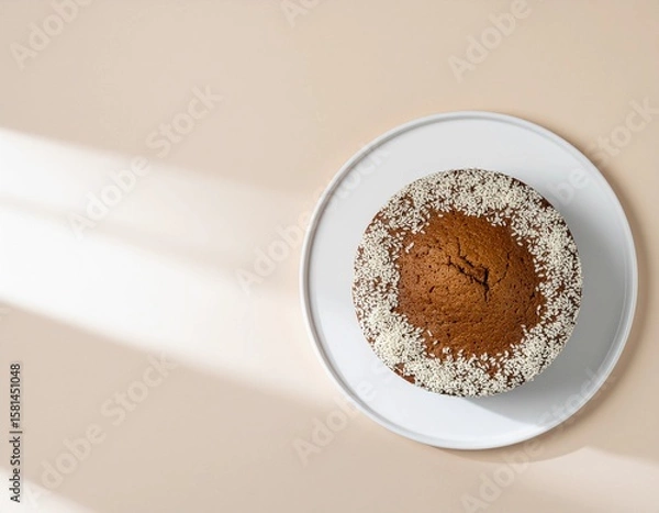Fototapeta Top view of a round cake with sesame seeds on a white plate, minimal beige background