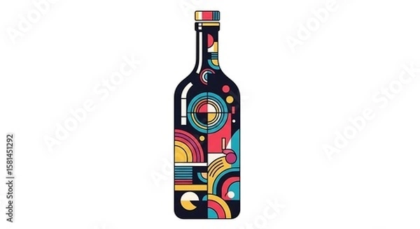 Obraz Modern Abstract Wine Bottle Illustration Geometric shapes create a vibrant and unique label design for a stylized wine bottle.