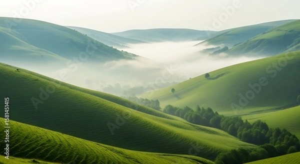 Obraz Verdant Hills and Valley Mist A Serene Landscape of Green Pastures and Gentle Fog